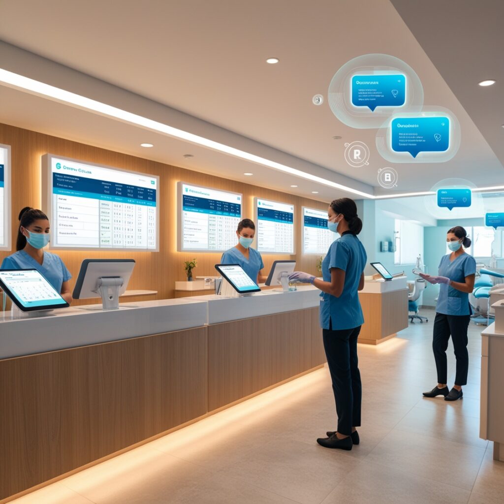 A hyper-realistic, modern dental reception area spanning multiple clinic locations, seamlessly connected via AI-powered systems. The scene shows a clean, welcoming front-desk with warm ambient lighting and interactive touchscreens displaying real-time appointment schedules from different branches. Staff members use voice-activated tools—microphones or headsets—to manage bookings hands-free. Subtle graphical overlays illustrate intelligent scheduling: highlighted waiting lists, cross-location booking suggestions, and automated patient reminders in motion. In the background, glimpses of separate clinic rooms suggest multiple locations: labeled “Downtown”, “Suburban”, “Uptown” on digital displays. Include visuals of automated reminders—SMS notifications or pop-up alerts on patient smartphones—floating in a semi-transparent HUD style. Overall aesthetic: blend of contemporary clinical professionalism and cutting-edge AI integration. True-to-life textures and lighting with just a hint of futuristic interface elements for the viewer to sense advanced tech at work.