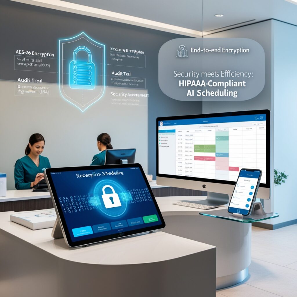 A photorealistic reception scene in a sleek, modern dental clinic. Front and center is a touchscreen or holographic scheduling interface showing encrypted data flow—visualized by a lock icon and subtle binary code or encryption layers—in transit between device and cloud. To one side, a staff member sits at a workstation, using multi-factor authentication (MFA) on a secondary device like a smartphone or biometric scanner. Above or behind them, a semi-transparent overlay illustrates system architecture: AES-256 encryption badges, audit trail logs, and shield icons representing security layers. The interface displays real-time scheduling, with color-coded access control—highlighting role-based permissions (e.g., "Receptionist Access" vs. "Manager Override"). Artful insets or floating panels feature terms like “End-to-End Encryption,” “Audit Trail,” “Business Associate Agreement (BAA),” and “Security Assessment,” linked by fine lines to corresponding parts of the scene. Lighting is soft and professional—clean neutrals with a cool, tech-savvy glow. The scene balances approachable human interaction with subtle sophistication of HIPAA-compliant AI systems, emphasizing both vigilance and efficiency. Add a banner header or overlay text: “Security Meets Efficiency: HIPAA-Compliant AI Scheduling.”