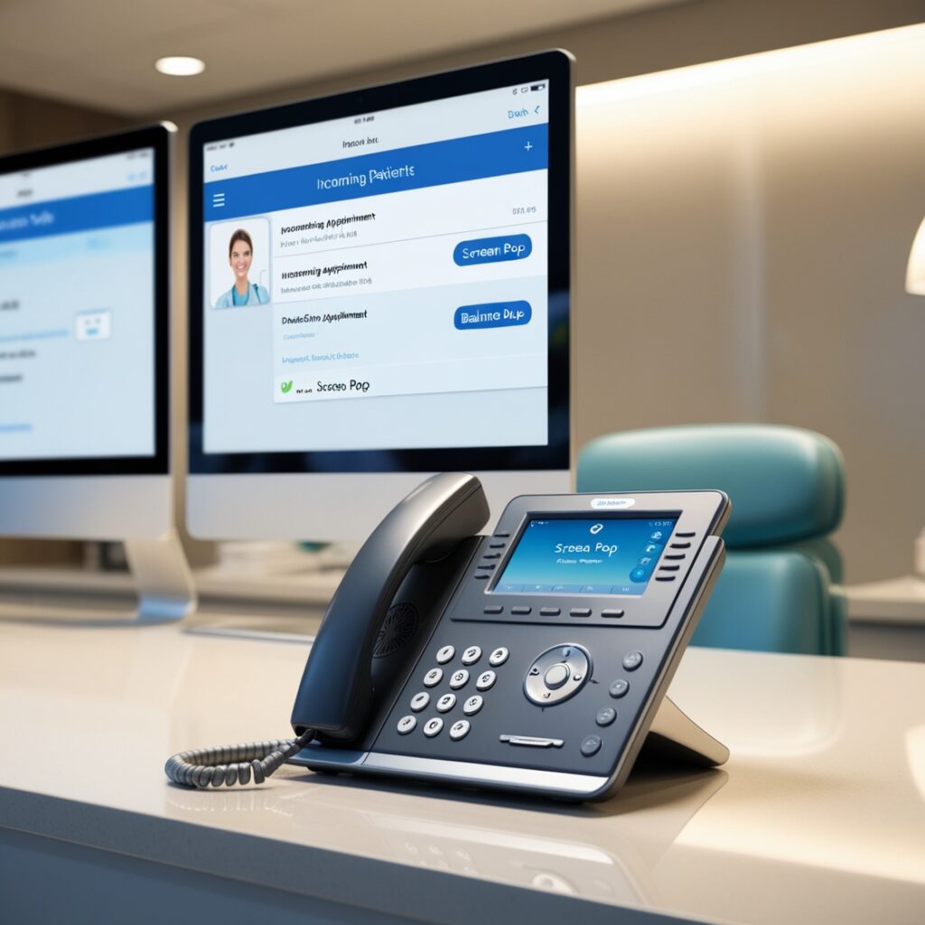 A hyper-realistic dental office reception scene showing a sleek VoIP desk phone next to a computer screen. The screen displays incoming call information—patient name, upcoming appointment, balance due—via a 'screen pop'. Soft ambient lighting creates a professional and welcoming front desk vibe, emphasizing seamless communication and workflow.