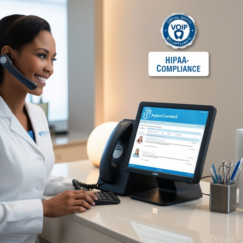 A realistic scene of a dental receptionist using the VoIP desk phone while glancing at a monitor showing patient call context. Elements like a HIPAA-compliance badge on the screen, soft ambient glow, reception desk accents, and friendly staff posture add authenticity and trust.