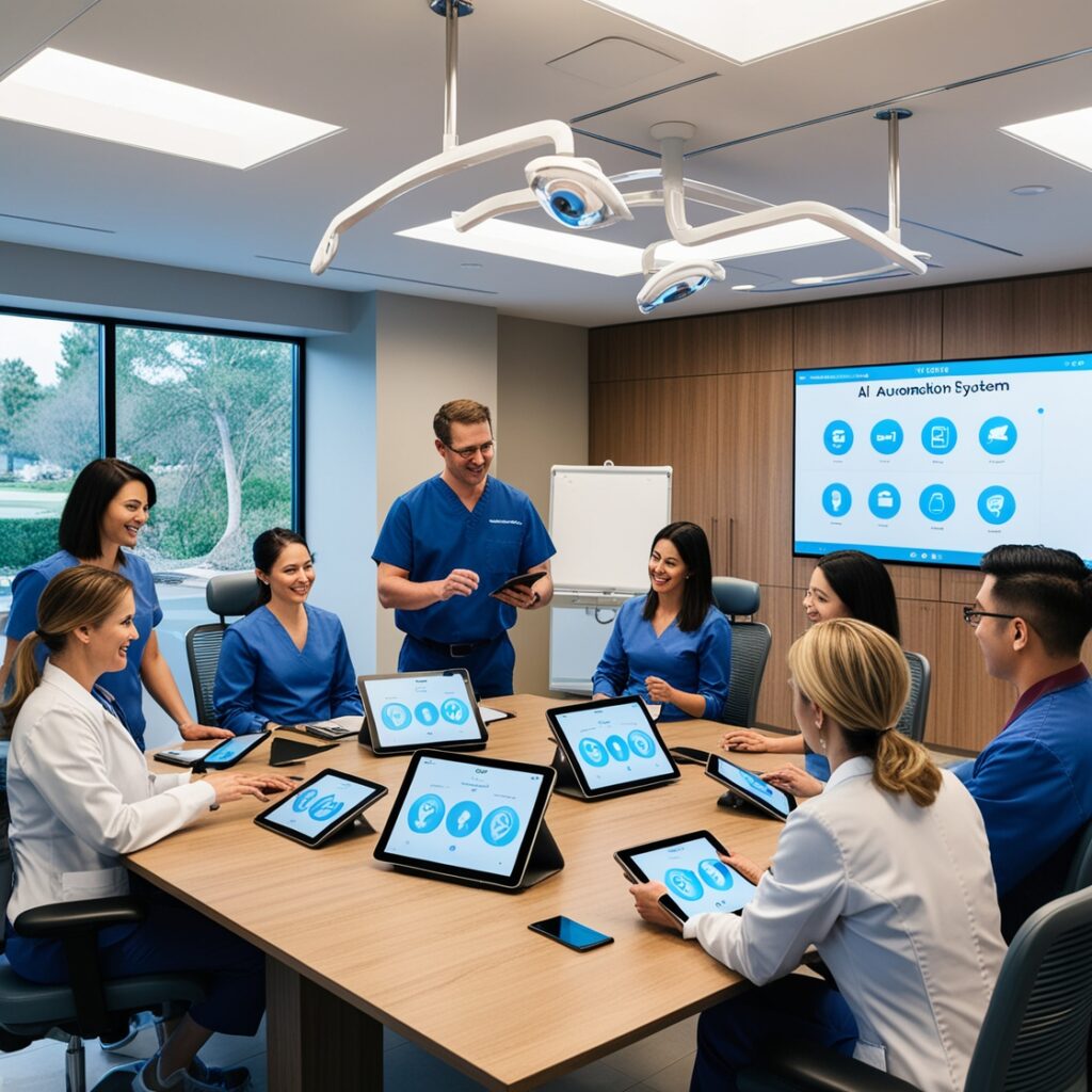 Dental team participating in AI automation training session, professional instructor demonstrating digital workflow systems on tablets and computers, modern conference room in dental practice, engaged healthcare professionals learning new technology, realistic training environment, contemporary business setting