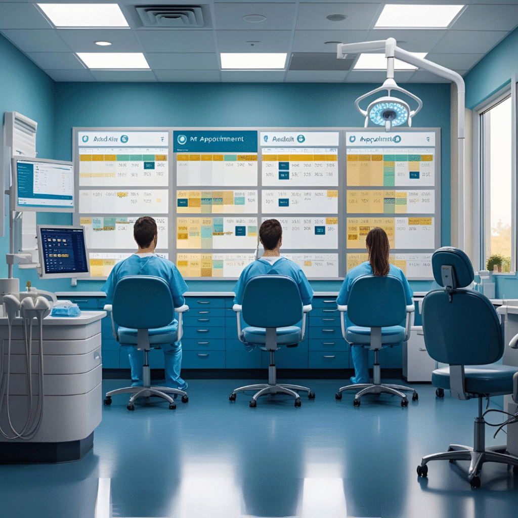 Time-lapse style image showing dental office getting busier throughout the day, multiple appointment slots filled, AI scheduling on computer screen, realistic photography, professional healthcare environment