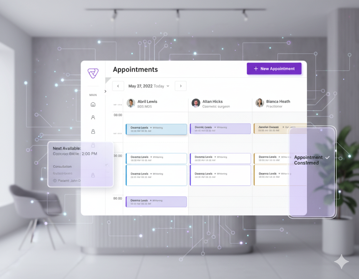 AI dental appointment scheduling dashboard with calendar interface and real-time booking system