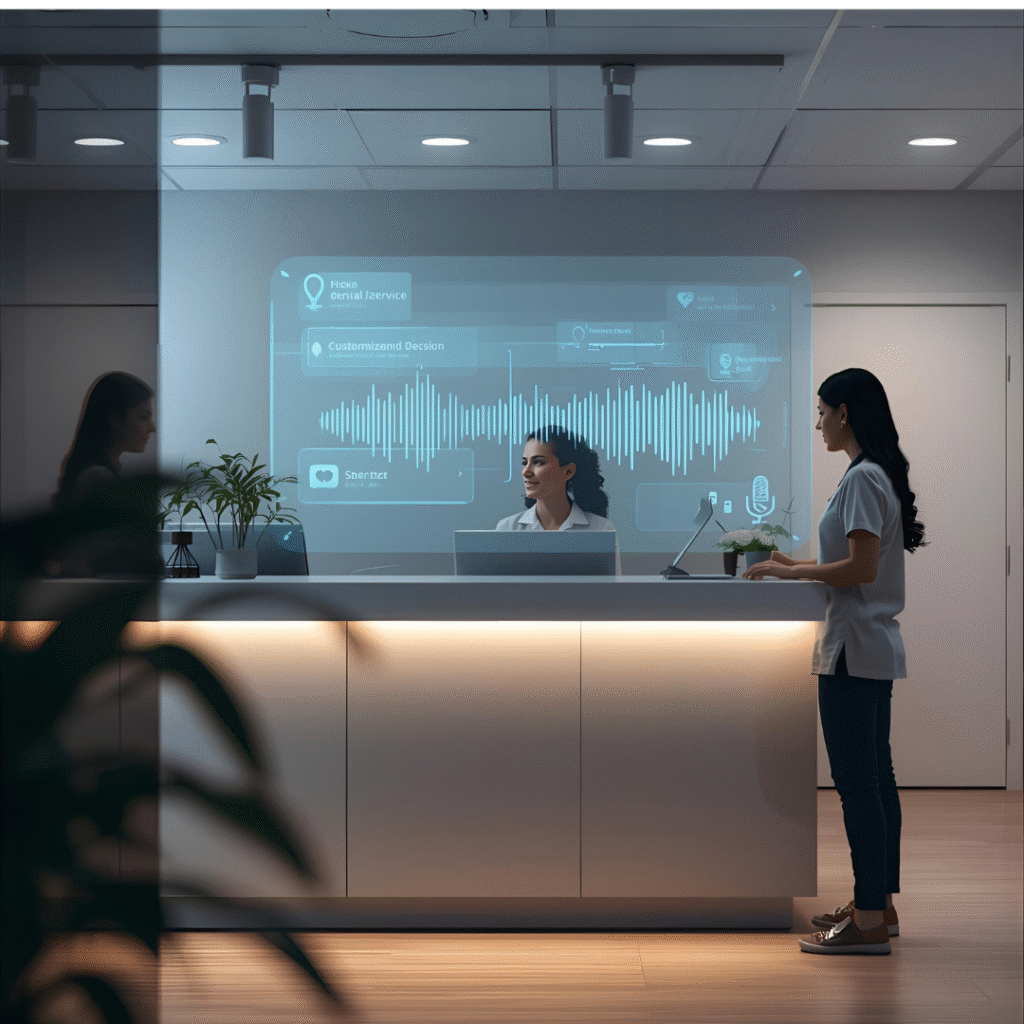 Inside a contemporary dental office reception area, softly lit, with a patient speaking at the front desk. Behind the desk, a semi-transparent holographic AI interface floats (voice waveforms, speech bubbles, customizable script text, microphone icon). The human receptionist stands nearby, pointing or tweaking settings on a sleek touchscreen tablet that’s linked to the AI. On wall screens behind them, you see side panels showing “Practice Voice Profiles,” “Tone Settings,” “Script Editor.” The environment is clean, modern, with subtle dental branding (tooth logos, dental tools, friendly decor). Use photorealistic style, depth of field, cinematic lighting, ultra-realistic detail.