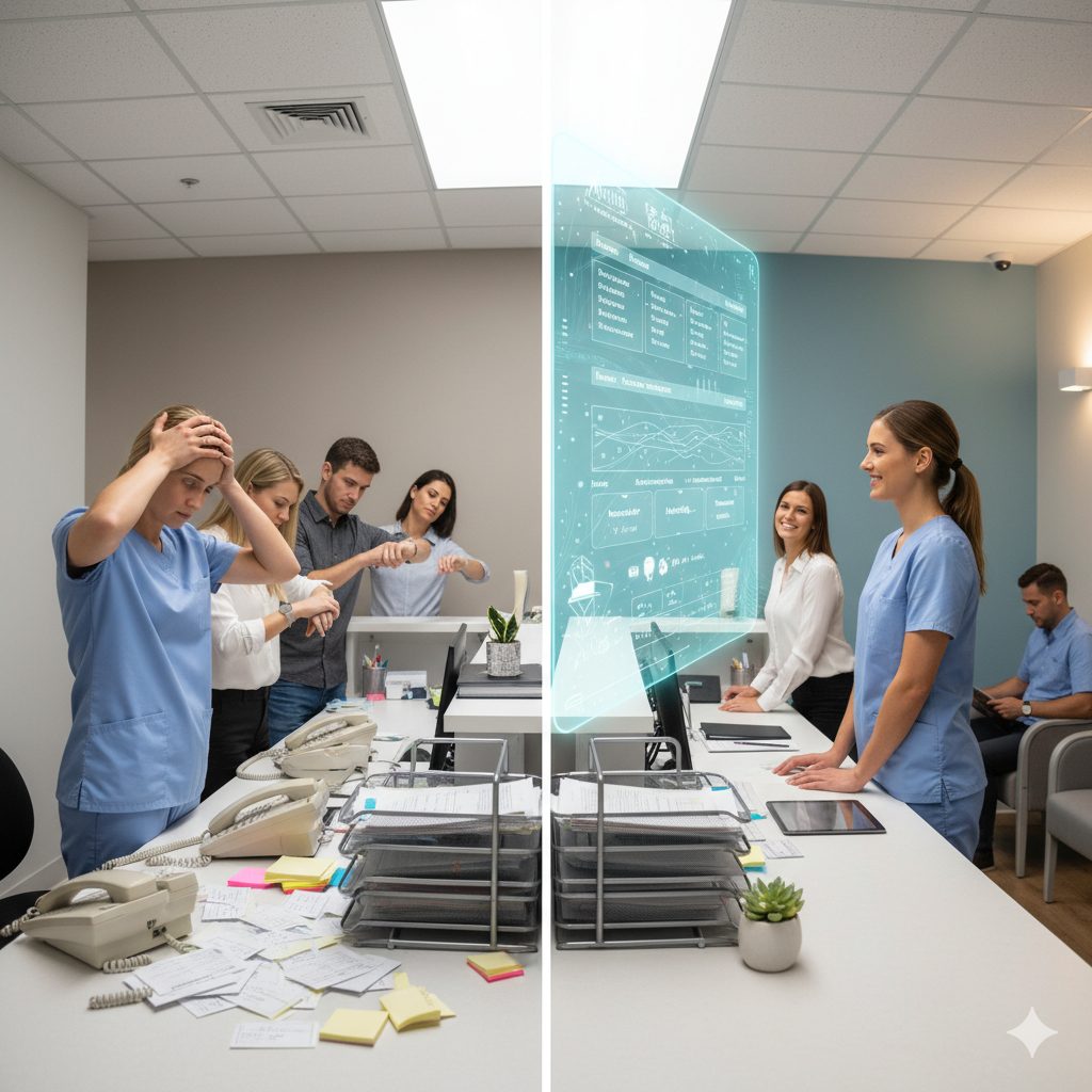 Automated dental appointment management system showing calendar view and patient communication interface