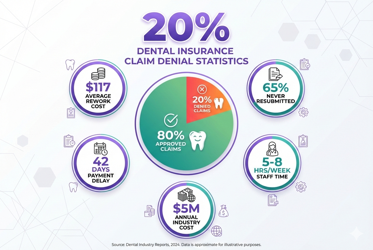 Dental insurance claim denial statistics showing 20% first-submission denial rate