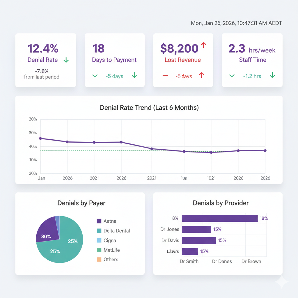 AI-powered dental claims validation system showing denial risk assessment