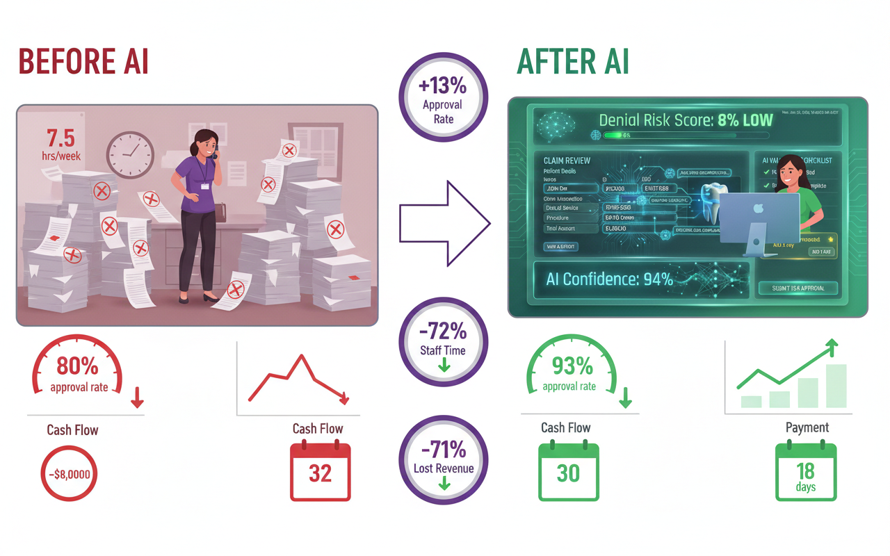 Monthly dental claim denial analysis dashboard showing denial patterns and trends