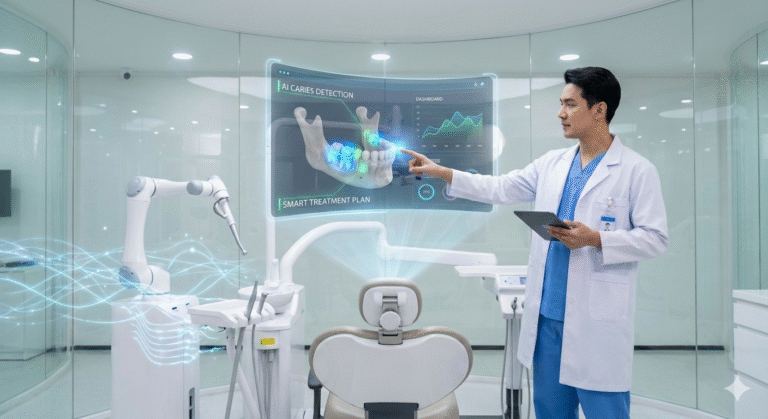 Here are a few options depending on what image you use: If it's a dental practice/clinical scene: "Dentist using AI dental software on a tablet chairside during a patient appointment