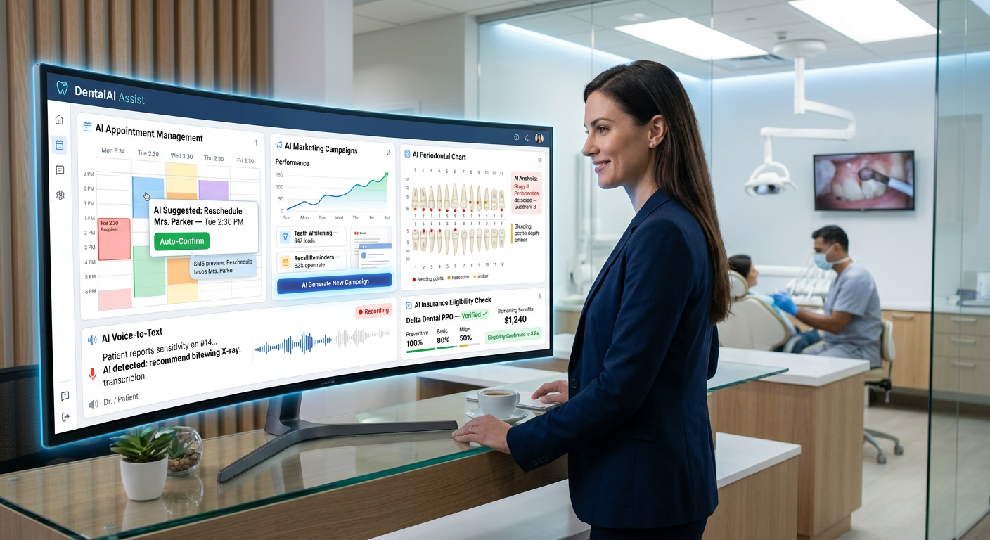 DentalAI Assist dashboard showing AI-powered appointment management, periodontal charting, voice-to-text clinical notes, insurance eligibility verification, and marketing campaigns in a modern dental practice.
