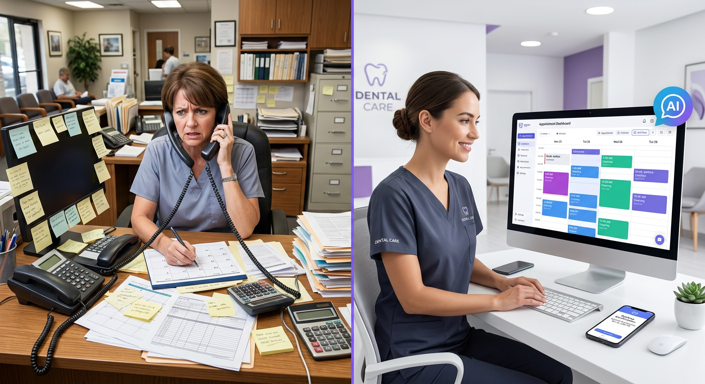Split screen comparison showing stressed dental receptionist with multiple ringing phones versus modern automated appointment scheduling dashboard with AI-powered calendar and 24/7 booking interface