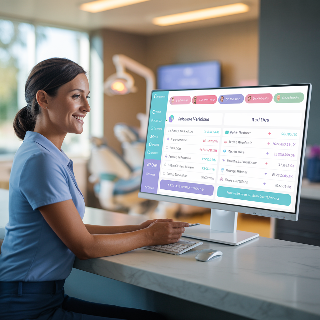 Dental insurance verification software interface displaying patient verification queue, structured benefits summary, and exception alerts