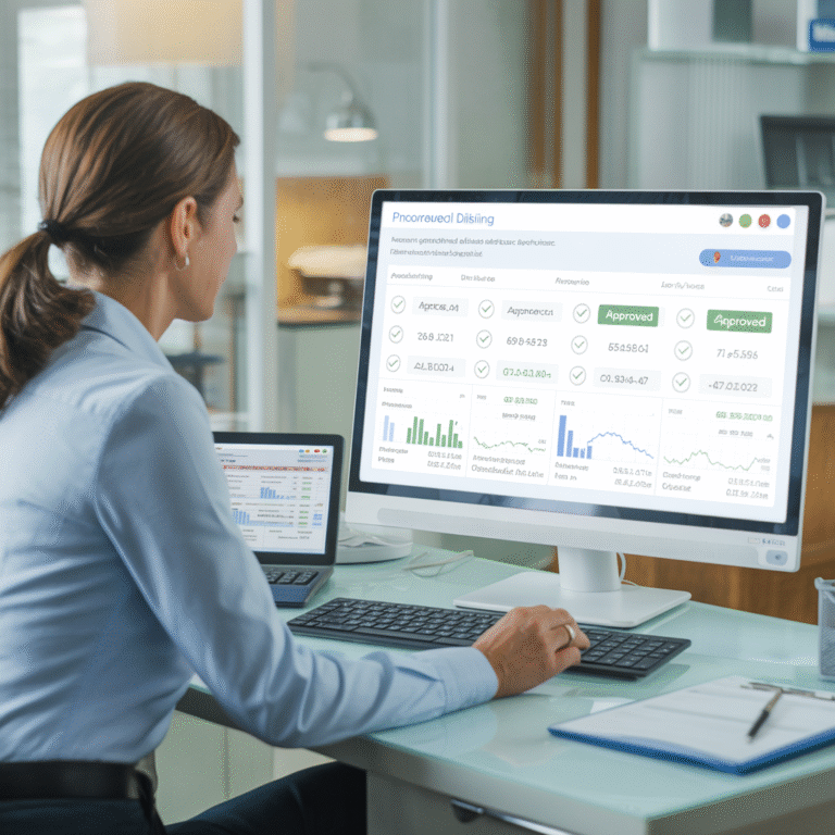Dental office manager reviewing insurance claim approvals on computer - claim denial reduction guide