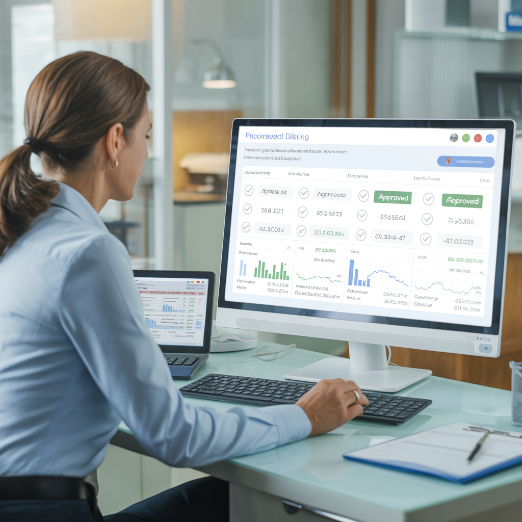 Dental office manager reviewing insurance claim approvals on computer - claim denial reduction guide